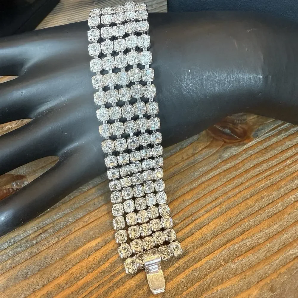 Vintage 5 Strand Clear Rhinestone 1” Wide 7” Bracelet Rhodium Plated